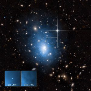 A galáxia anã está localizada no aglomerado de galáxias Abell 1795. Foto: Raio-X: NASA / CXC / Univ. de Alabama / W.P.Maksym et al & NASA / CXC