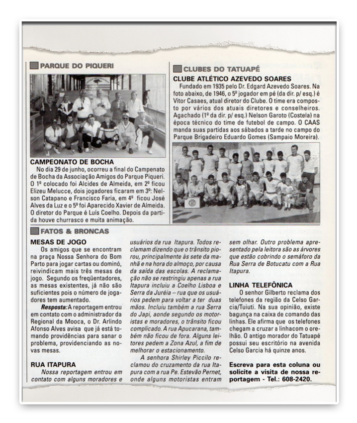 Alô Tatuapé há 22 anos:  fragmento da página 13 da revista nº 2, publicada em julho de 1997.