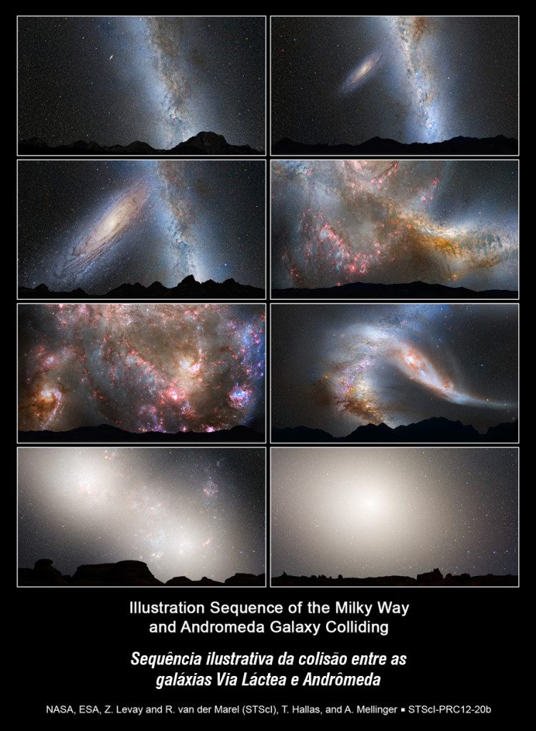 Esta série de ilustrações fotográficas mostra a fusão prevista entre a Via Láctea e a vizinha galáxia de Andrômeda. :: Primeira fila • foto da esquerda: dias atuais. • à direita: em 2 bilhões de anos o disco da galáxia de Andrômeda se aproxima e é visivelmente maior. :: Segunda fila • esquerda: em 3,75 bilhões de anos Andrômeda preenche o campo de visão. • direita: em 3,85 bilhões de anos, um céu flamejante devido à formação de novas estrelas. :: Terceira fila • esquerda: em 3,9 bilhões de anos, a formação de estrelas continua. • direita: em 4 bilhões de anos Andrômeda se estende e a Via Láctea perde a sua forma. :: Quarta fila • esquerda: em 5,1 mil milhões de anos, os núcleos da Via Láctea e Andrômeda aparecem como um par de lóbulos brilhantes. • direita: em 7 bilhões de anos, as galáxias unidas formam uma enorme galáxia elíptica e o seu núcleo brilhante domina o céu noturno.
