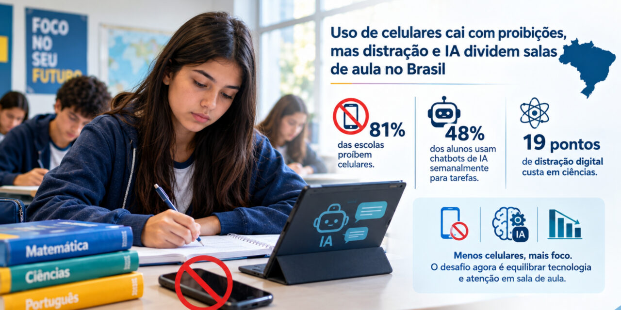 Uso de celulares cai com proibições, mas distração e IA dividem salas de aula no Brasil